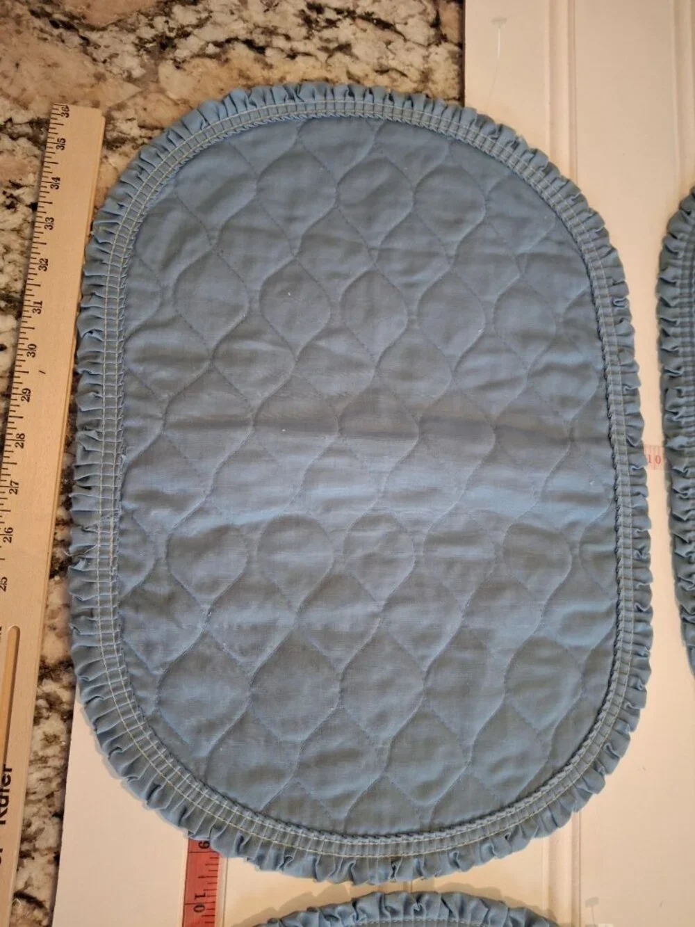 Set of 4 Blue Quilted Oval Placemats Ruffle Trim Farmhouse Cottage Chic